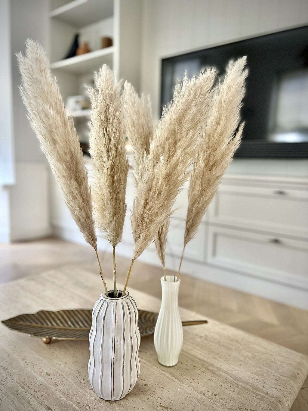 Pampas pluimen klein in twee vazen als natuurlijke woondecoratie.